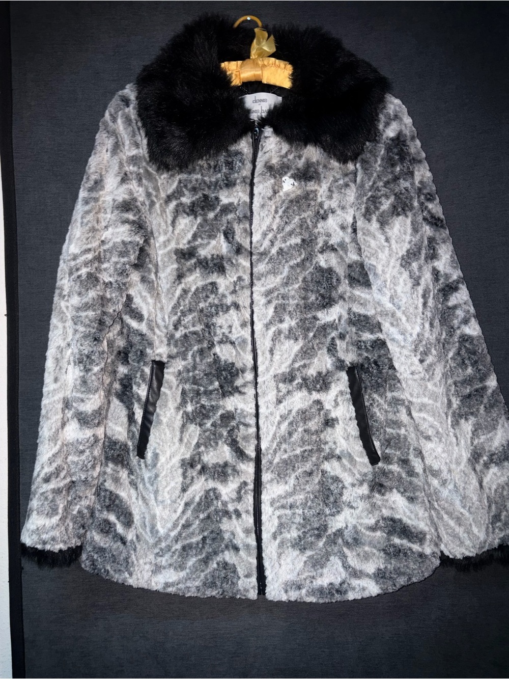 dennis basso Gray and Black Faux Fura Coat with Black Collar
